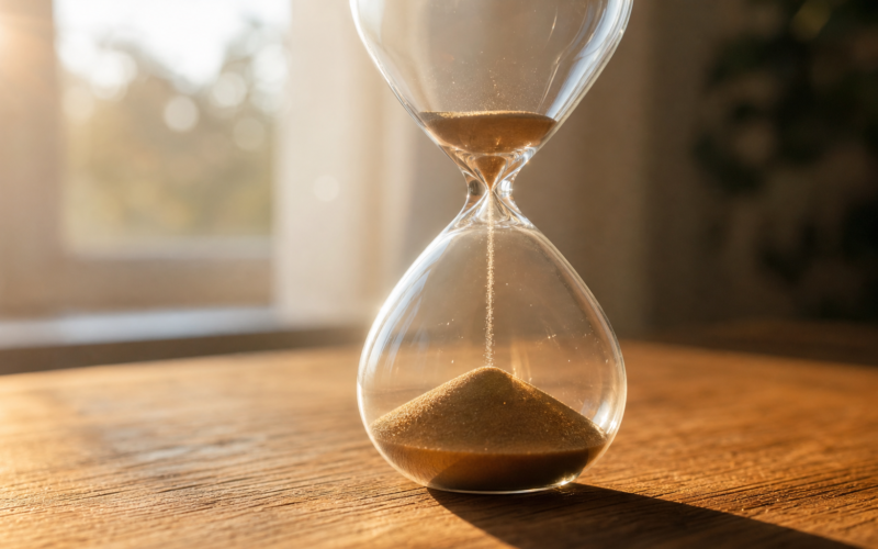 Backlit hourglass on an oak table with sand falling through the neck