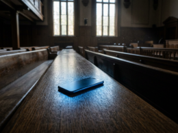 Meta social media trial illustrated by an empty courtroom bench with a smartphone lying face down and glowing blue