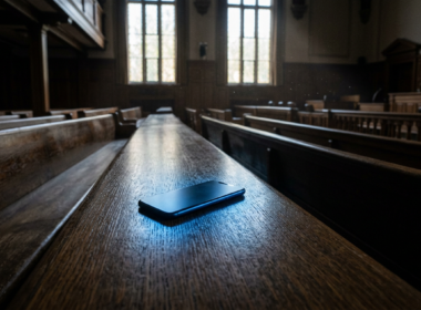 Meta social media trial illustrated by an empty courtroom bench with a smartphone lying face down and glowing blue
