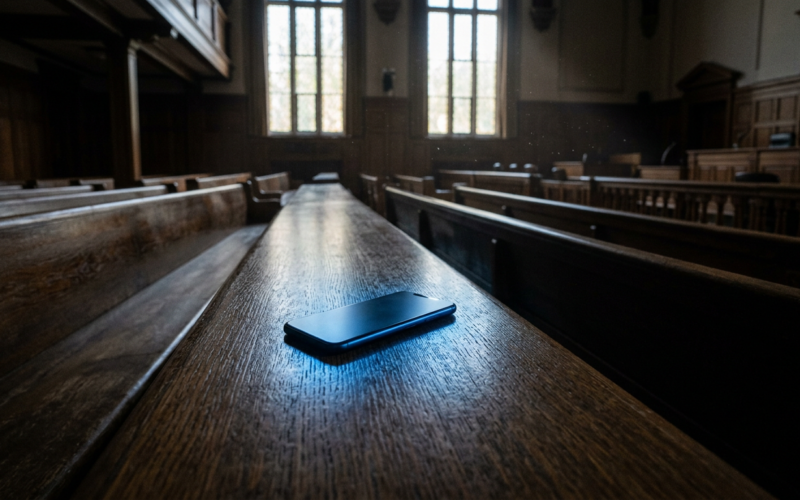 Meta social media trial illustrated by an empty courtroom bench with a smartphone lying face down and glowing blue