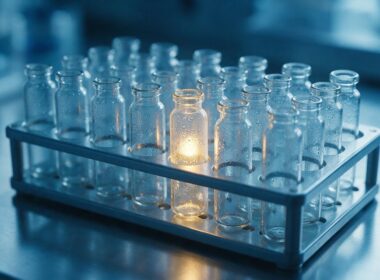 Moderna cancer vaccine breakthrough shown by a rack of laboratory vials in cold blue light with one vial glowing gold