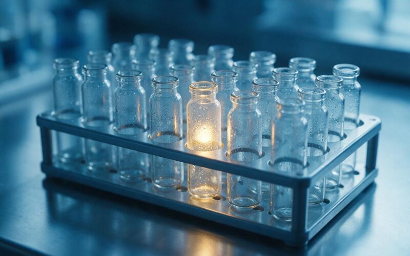 Moderna cancer vaccine breakthrough shown by a rack of laboratory vials in cold blue light with one vial glowing gold