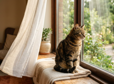Tabby cat sitting on a sunlit windowsill looking out at a green garden, illustrating the transition to keeping indoor cats