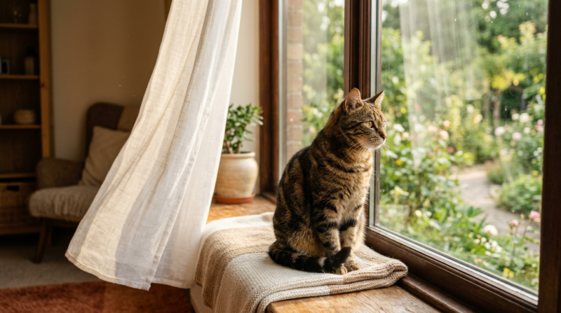 Tabby cat sitting on a sunlit windowsill looking out at a green garden, illustrating the transition to keeping indoor cats