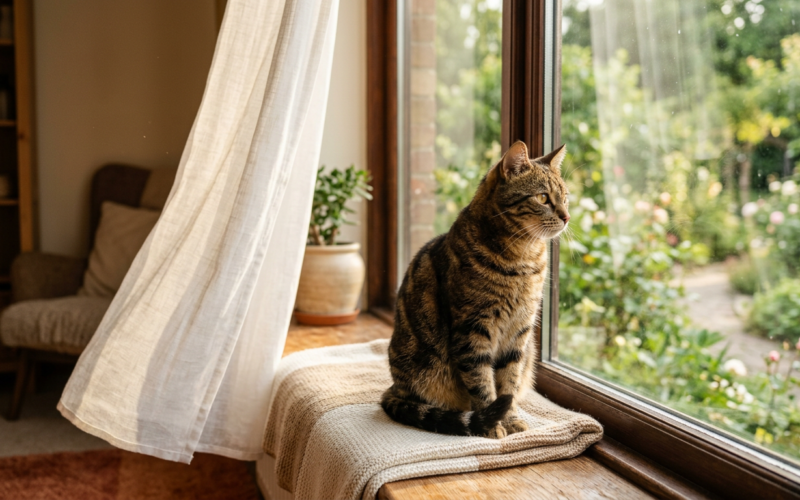 Tabby cat sitting on a sunlit windowsill looking out at a green garden, illustrating the transition to keeping indoor cats