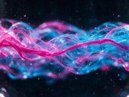 mRNA cancer vaccine trial, backlit magenta and cyan ribbons swirling through laboratory glass