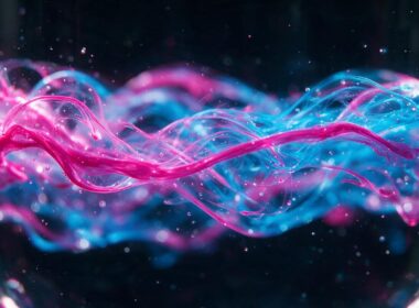 mRNA cancer vaccine trial, backlit magenta and cyan ribbons swirling through laboratory glass