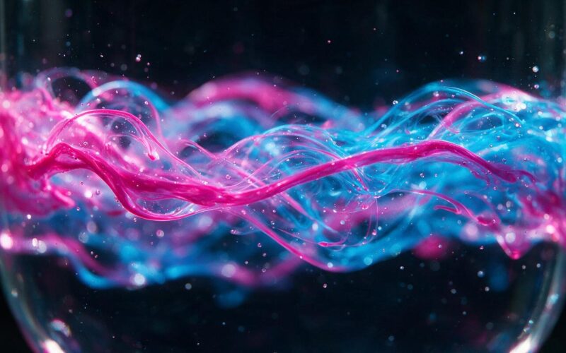 mRNA cancer vaccine trial, backlit magenta and cyan ribbons swirling through laboratory glass