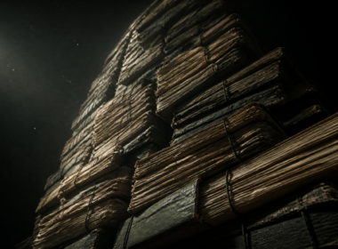 National debt of 40 trillion dollars shown as a colossal stack of bound ledgers receding upward into darkness