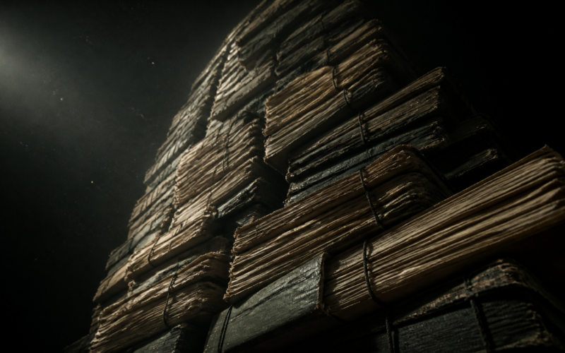 National debt of 40 trillion dollars shown as a colossal stack of bound ledgers receding upward into darkness
