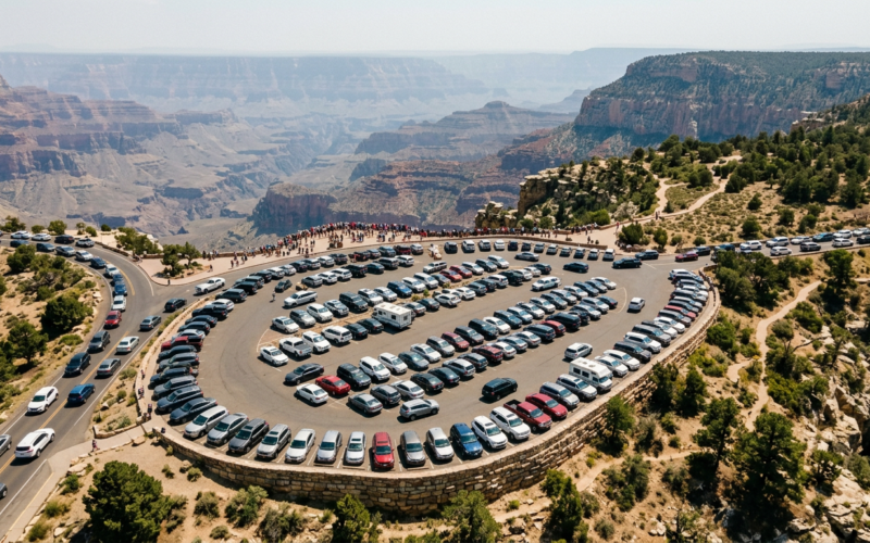 National park crowds shown as tightly packed rows of parked cars at a canyon scenic overlook viewed from above