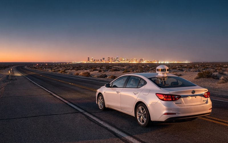 Nevada robotaxi permits concept, desert highway at dusk with a sensor equipped sedan