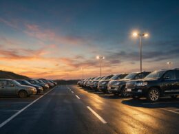 New car buyers face a dealership lot at dusk with luxury SUVs lit under bright lights beside older economy sedans in shadow
