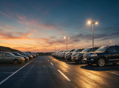New car buyers face a dealership lot at dusk with luxury SUVs lit under bright lights beside older economy sedans in shadow