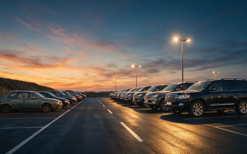 New car buyers face a dealership lot at dusk with luxury SUVs lit under bright lights beside older economy sedans in shadow