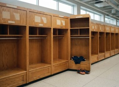 NFL cutdown day 2026 shown as a row of empty locker stalls with the nameplates removed