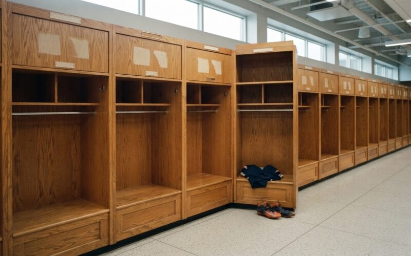 NFL cutdown day 2026 shown as a row of empty locker stalls with the nameplates removed