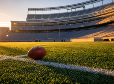 Football resting on a painted yard line photographed low to the turf at golden hour