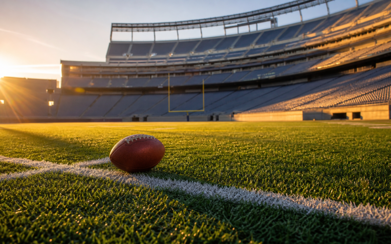Football resting on a painted yard line photographed low to the turf at golden hour