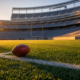 Football resting on a painted yard line photographed low to the turf at golden hour