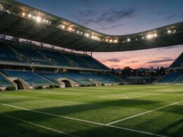 An empty football stadium at dusk with floodlights glowing over green turf