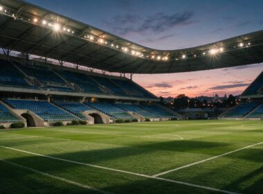 An empty football stadium at dusk with floodlights glowing over green turf