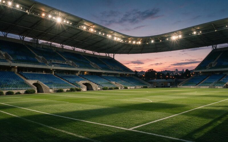 An empty football stadium at dusk with floodlights glowing over green turf