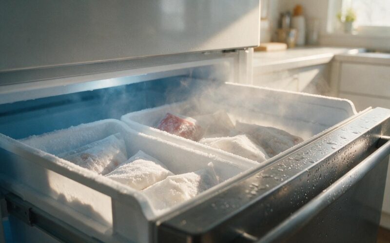 Northwest Naturals pet food recall shown as an open freezer drawer with frost covered packages