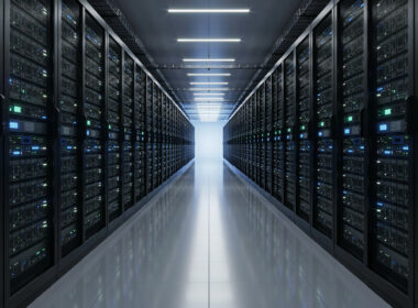 Long data center aisle lined with server racks receding into the distance