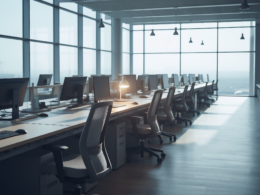 Nvidia Poolside deal concept, emptied open plan office with one desk lamp still lit