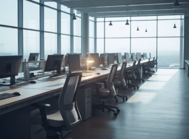 Nvidia Poolside deal concept, emptied open plan office with one desk lamp still lit