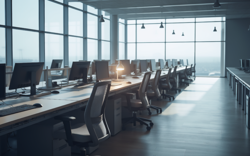 Nvidia Poolside deal concept, emptied open plan office with one desk lamp still lit