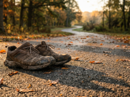 Interval walking shoes resting on a paved park path at sunrise with long morning shadows