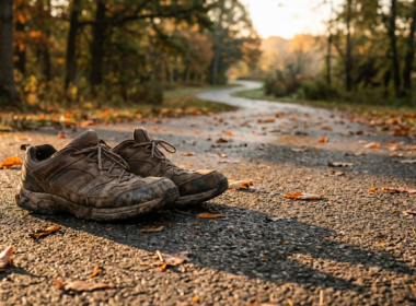 Interval walking shoes resting on a paved park path at sunrise with long morning shadows