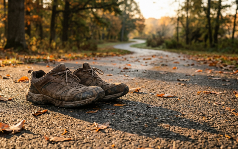 Interval walking shoes resting on a paved park path at sunrise with long morning shadows