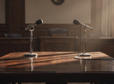 Jon Ossoff Natalie Harp remark represented by two microphones facing each other on an empty hearing room dais