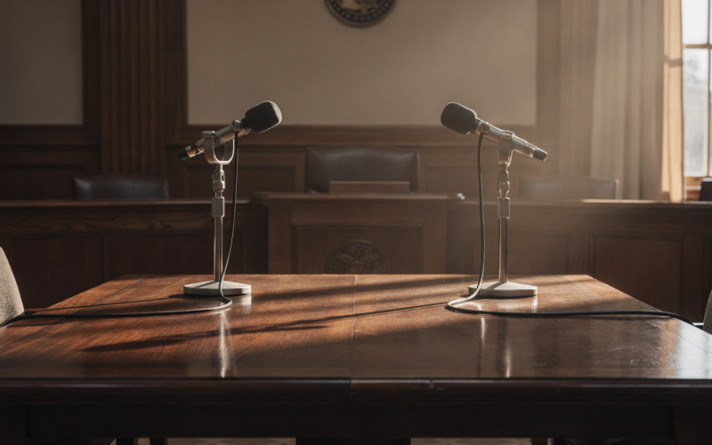 Jon Ossoff Natalie Harp remark represented by two microphones facing each other on an empty hearing room dais