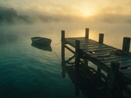 Outer Banks Season 5 represented by a foggy wooden dock at dawn with one small skiff tied up on still water