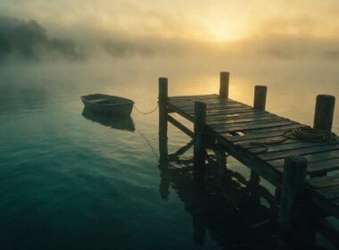 Outer Banks Season 5 represented by a foggy wooden dock at dawn with one small skiff tied up on still water