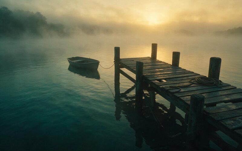 Outer Banks Season 5 represented by a foggy wooden dock at dawn with one small skiff tied up on still water