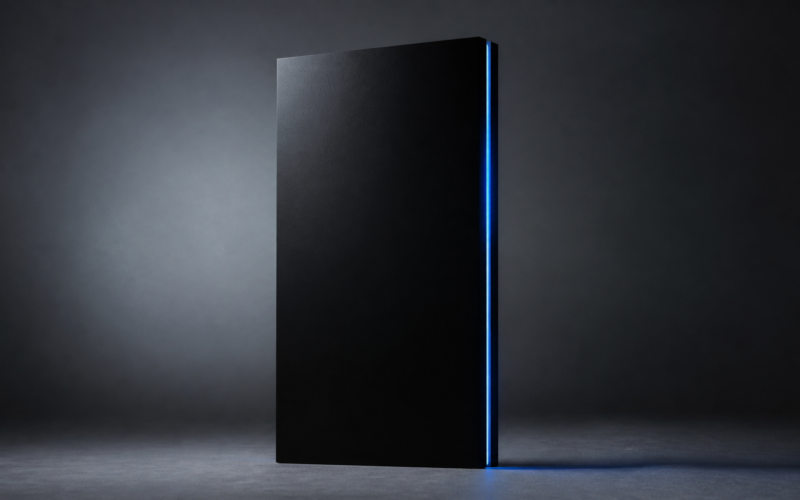 Ox Alpha AI model concept, featureless black monolith with light bleeding from a seam