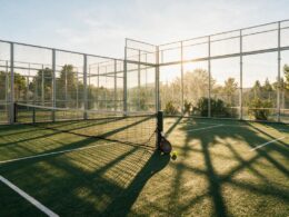Padel court with a glass back wall, a racket and a yellow ball resting at the net post in late afternoon light