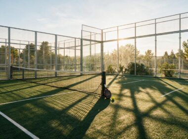 Padel court with a glass back wall, a racket and a yellow ball resting at the net post in late afternoon light