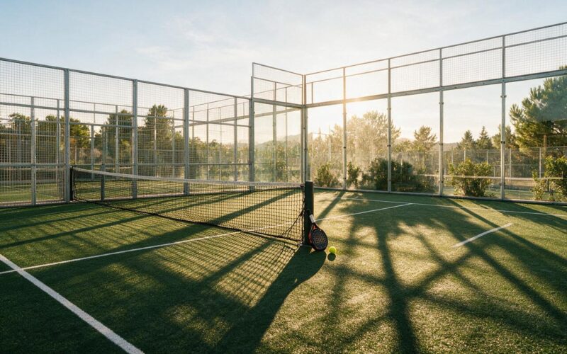 Padel court with a glass back wall, a racket and a yellow ball resting at the net post in late afternoon light