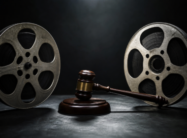 Paramount Warner merger concept: two film reels and a gavel on a dark table