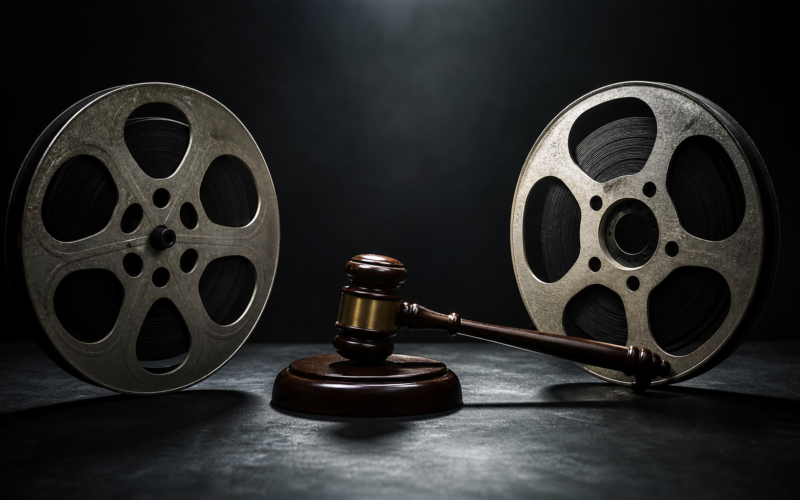 Paramount Warner merger concept: two film reels and a gavel on a dark table