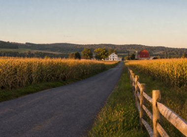 Wide view of a straight rural road running between tall cornfields at golden hour
