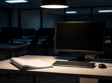 Stars and Stripes firings concept, dark empty newsroom desk with a blank broadsheet