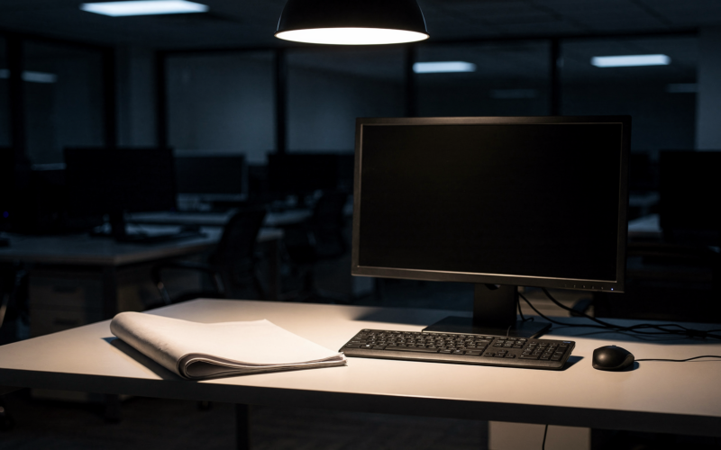 Stars and Stripes firings concept, dark empty newsroom desk with a blank broadsheet