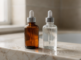 Two unlabeled serum dropper bottles on a marble ledge representing the peptides vs retinol decision